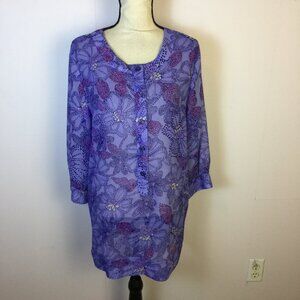 Susan Graver Blouse Tunic Top Sz L Womans Purple Floral 3/4 Sleeve Sheer Button